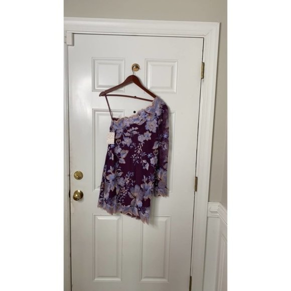 Free People Rosalie Embroidered Mini Dress Purple One Shoulder 3/4 Sleeve NWT 0 - Picture 7 of 8